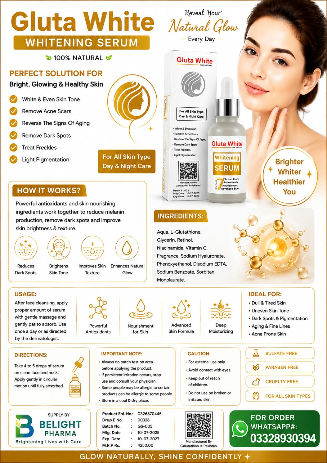 Gluta White Whitening Serum For Bright Glowing Healthy Skin Complexion